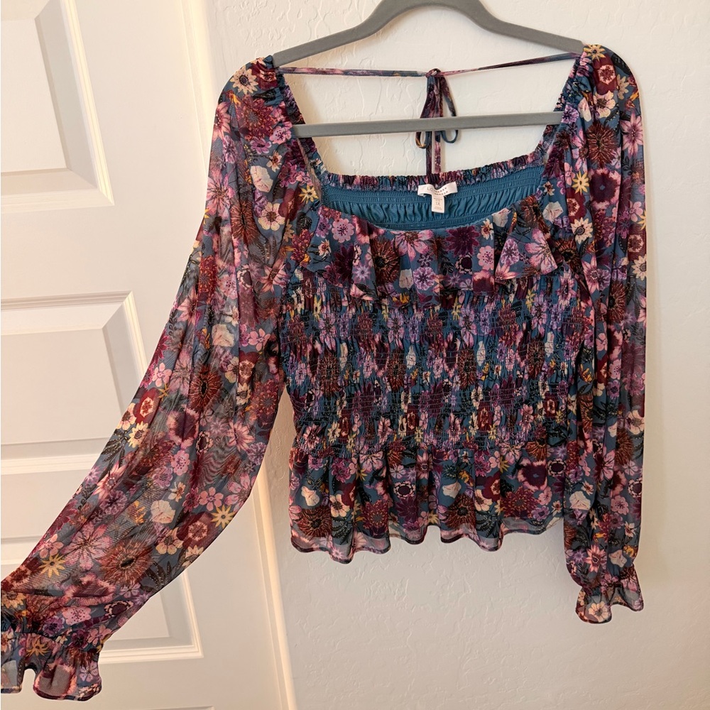 LC Lauren Conrad Purple Floral Smocked Peasant Blouse